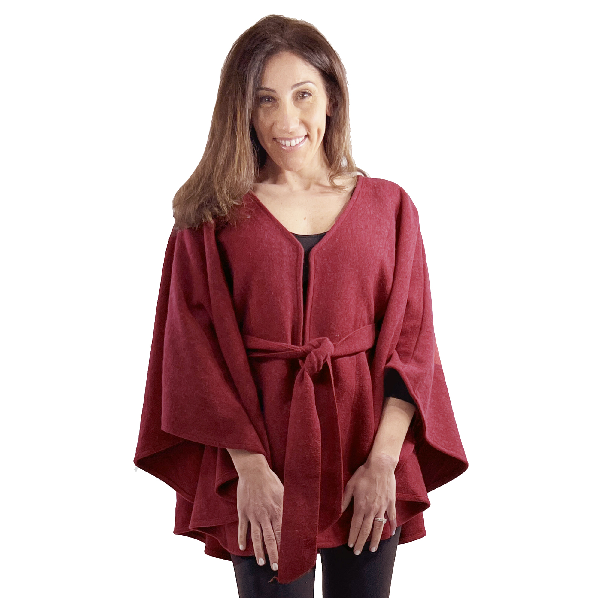 LC15 - Capes - Luxury Wool Feel / Belted  LC15 Burgundy<br> Belted Cape  - One Size Fits Most