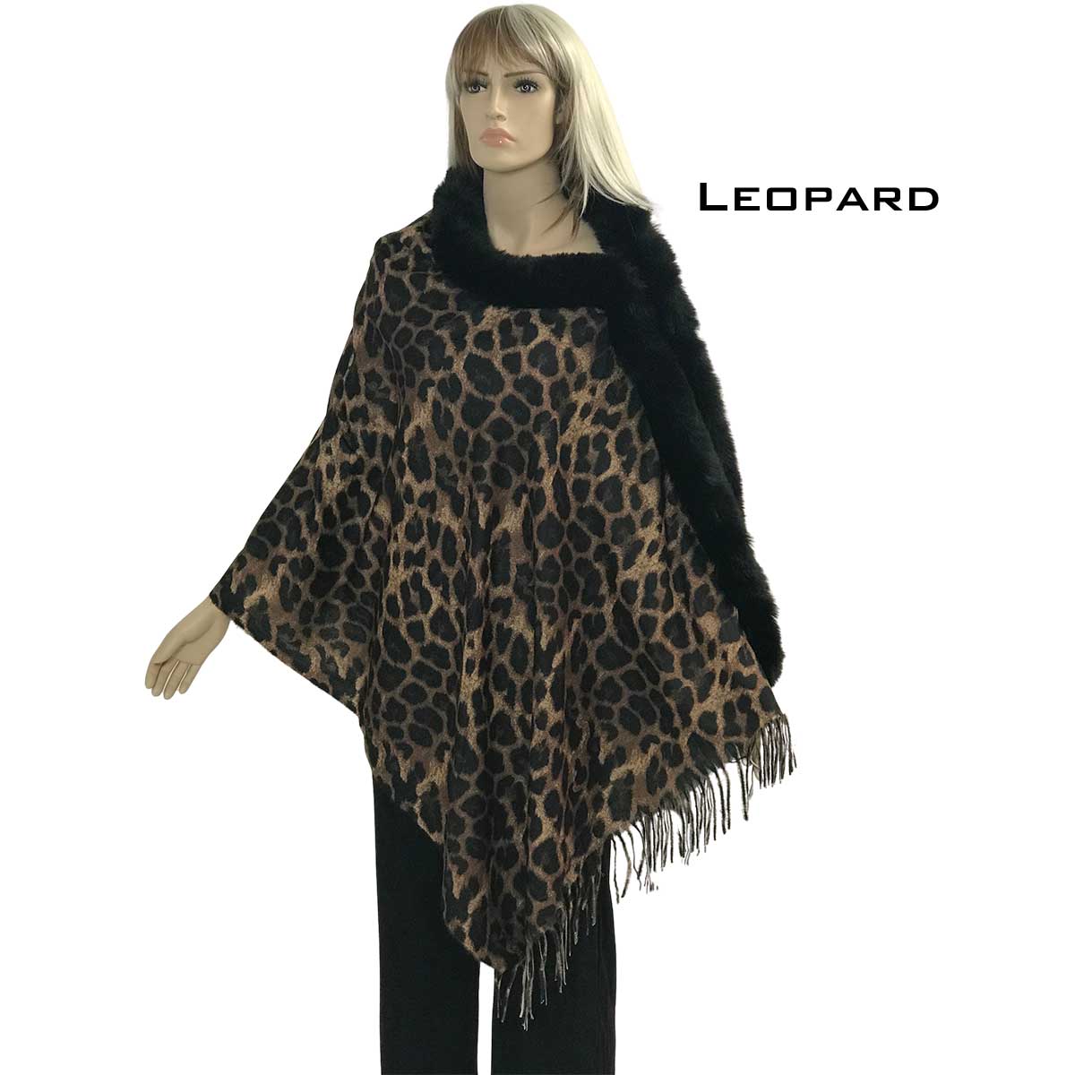 LC1R - Faux Rabbit Trim Shawls LC1R Leopard with Black Fur - 