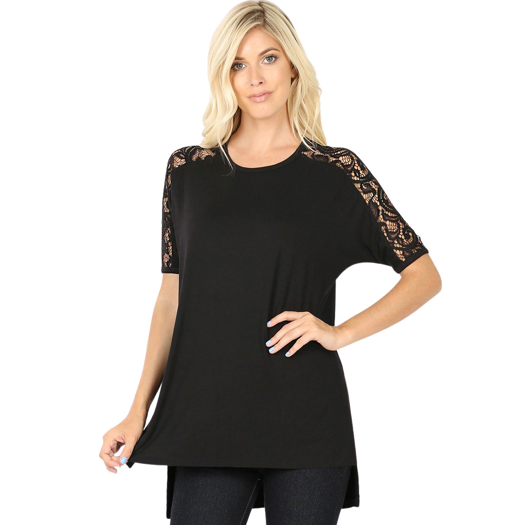 5572 - Lace Sleeve Side Split Hi-Low Tops BLACK Lace Sleeve Side Slit High-Low 5572 (MB) - Large