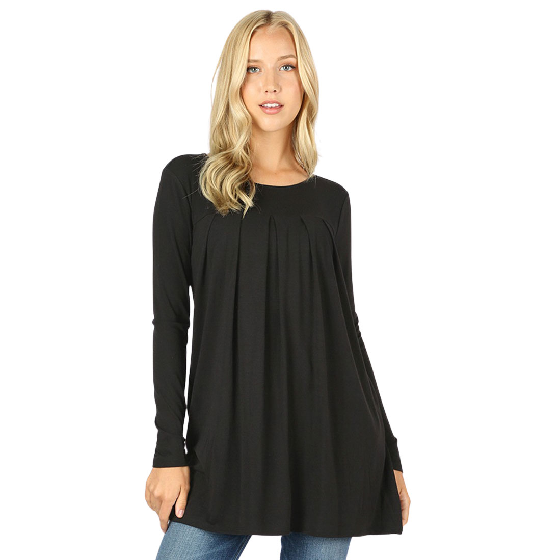 1658 - Long Sleeve Round Neck Pleated Tops BLACK Long Sleeve Round Neck Pleated 1658 - Medium