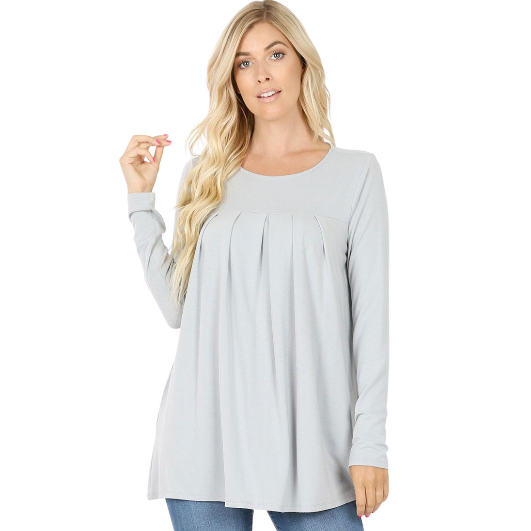 1658 - Long Sleeve Round Neck Pleated Tops LIGHT GREY Long Sleeve Round Neck Pleated 1658 - Small