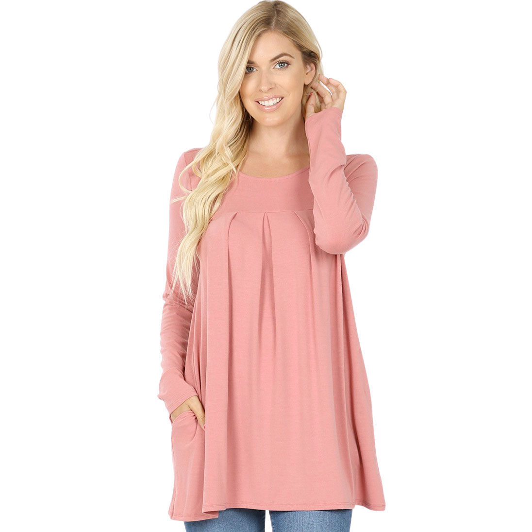 1658 - Long Sleeve Round Neck Pleated Tops DEEP CORAL Long Sleeve Round Neck Pleated 1658 - X-Large