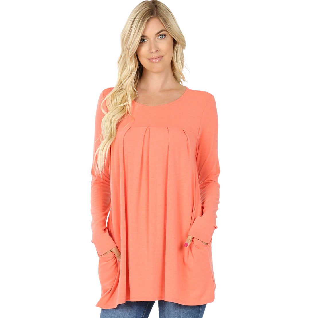 1658 - Long Sleeve Round Neck Pleated Tops DEEP CORAL Long Sleeve Round Neck Pleated 1658 - Large