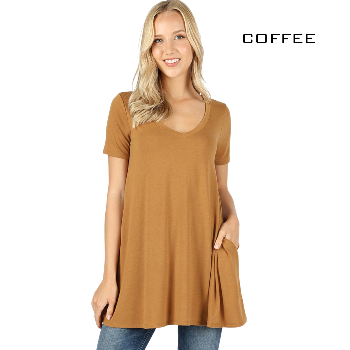 1635 - Short Sleeve V-Neck Flared Tops COFFEE Short Sleeve V-Neck Top w/ Pockets 1635 - X-Large