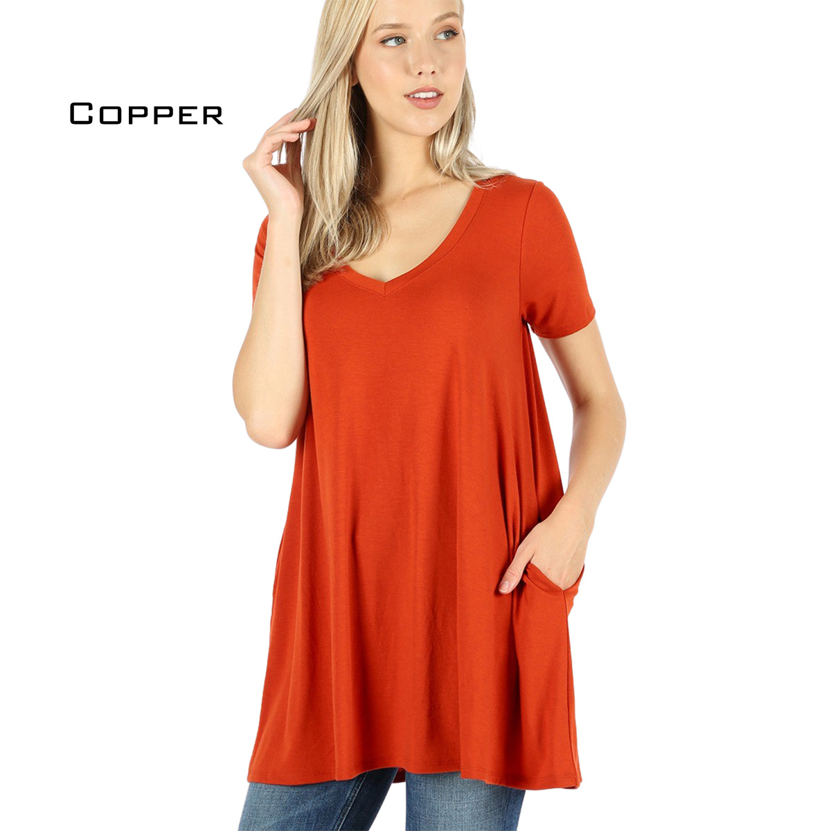 1635 - Short Sleeve V-Neck Flared Tops COPPER Short Sleeve V-Neck Top w/ Pockets 1635 - Medium