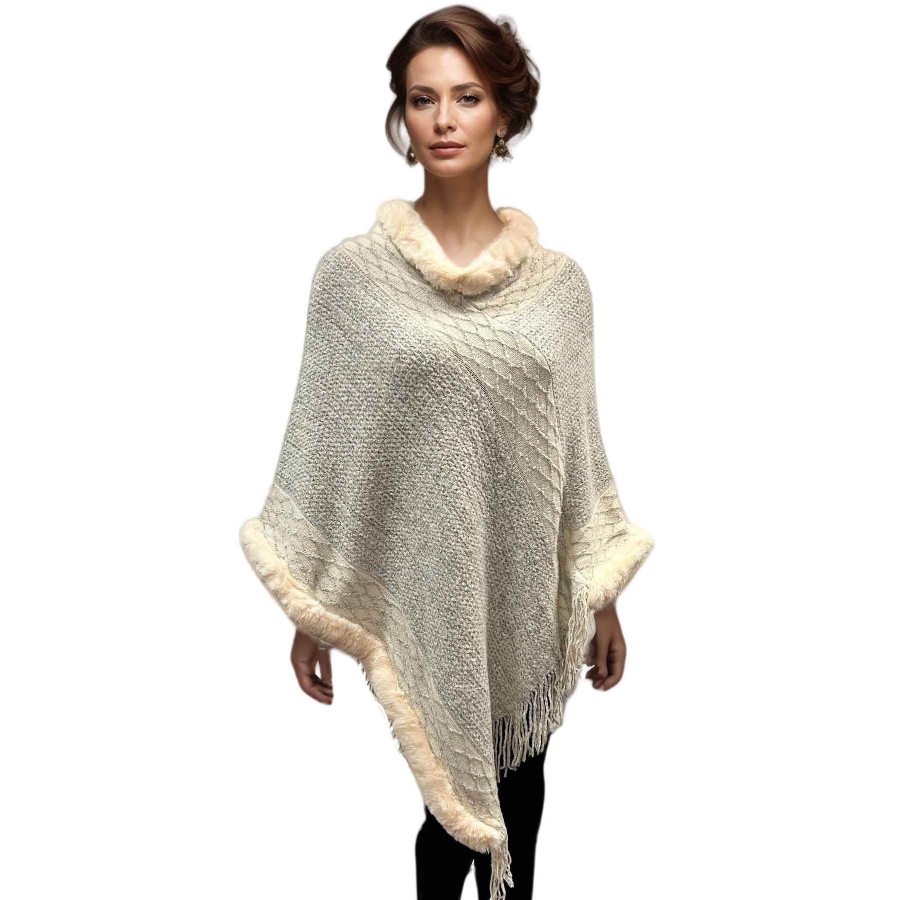 3527 - Assorted Autumn/Winter Ponchos  Faux Fur Trim 9468 - Grey MB - One Size Fits Most