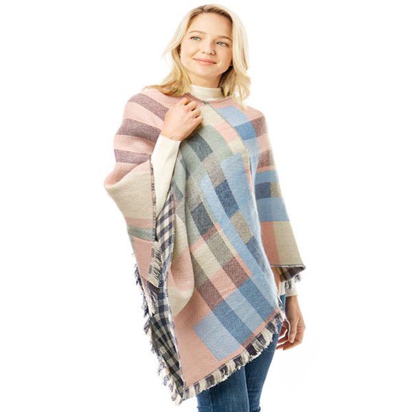 3640 - Cozy Plaid Ponchos  902 - Burgundy Multi - One Size Fits Most