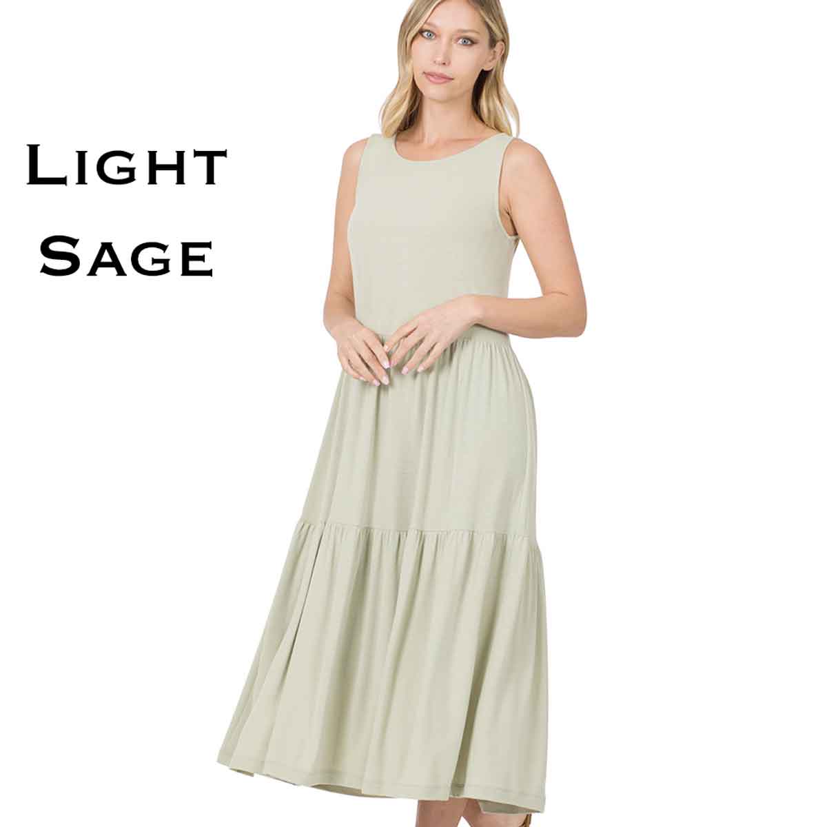 43050 - Sleeveless Tiered Midi Dress Light Sage<br>43050 Dress - M