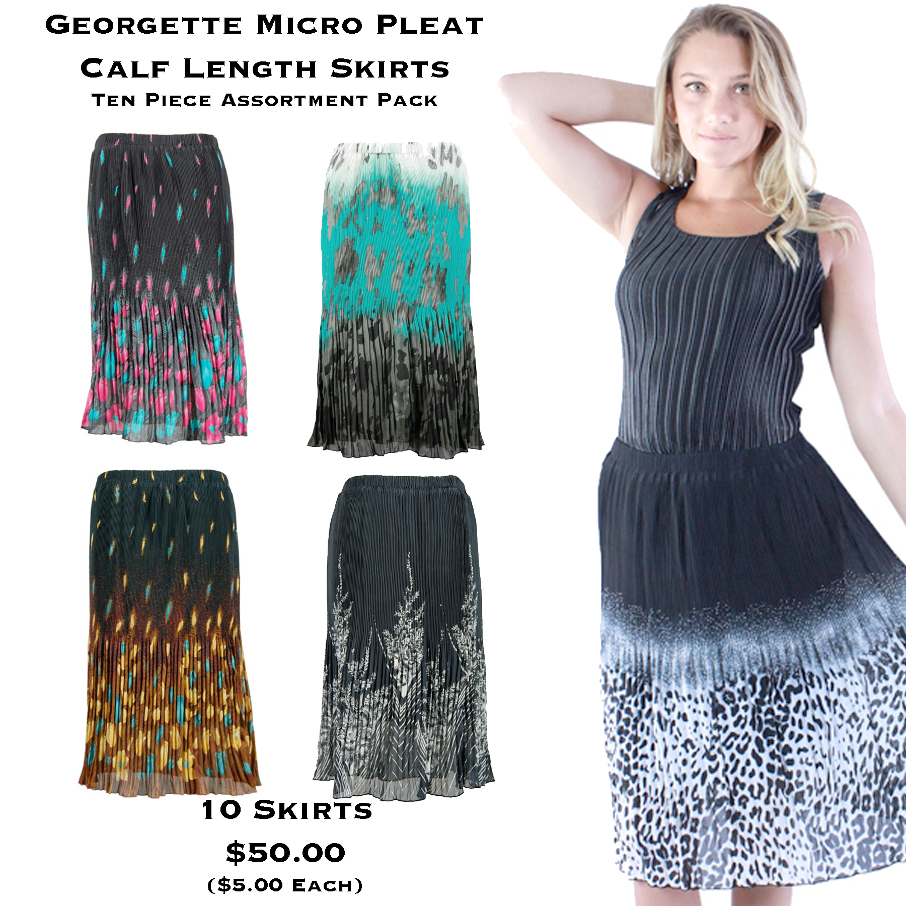 1063 - Georgette Micro Pleat Calf Length Skirts