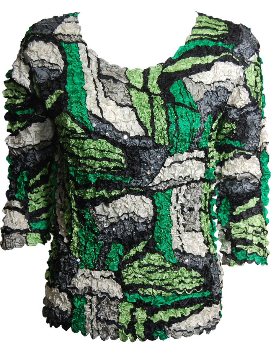 Green Abstract Abstract Petal Top with Sequins - Three Quarter Sleeve