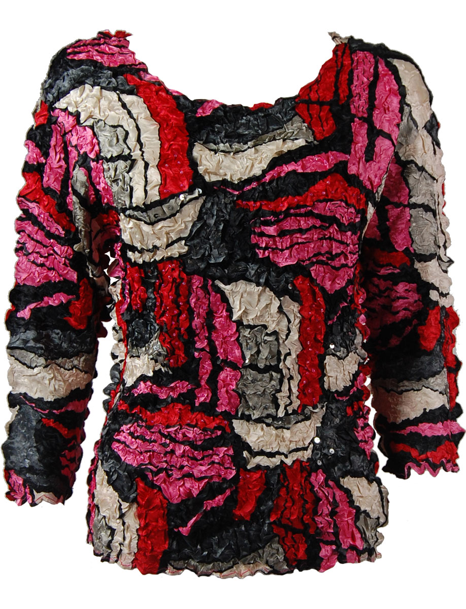Red - Hot Pink Abstract Petal Top with Sequins - Three Quarter Sleeve