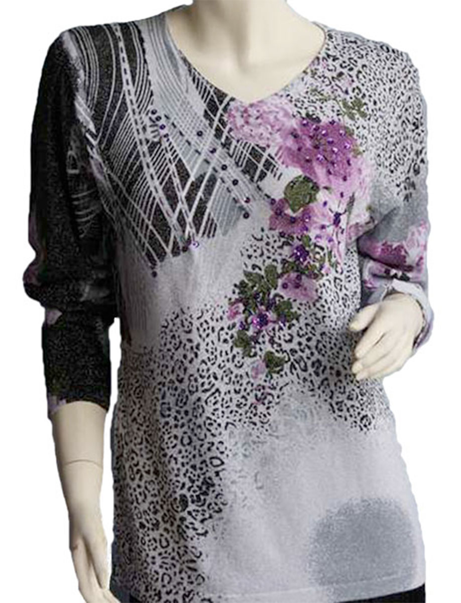 1227 - Sequined Long Sleeve Tops - #014 - Cheetah Metallic Floral - Black-Purple