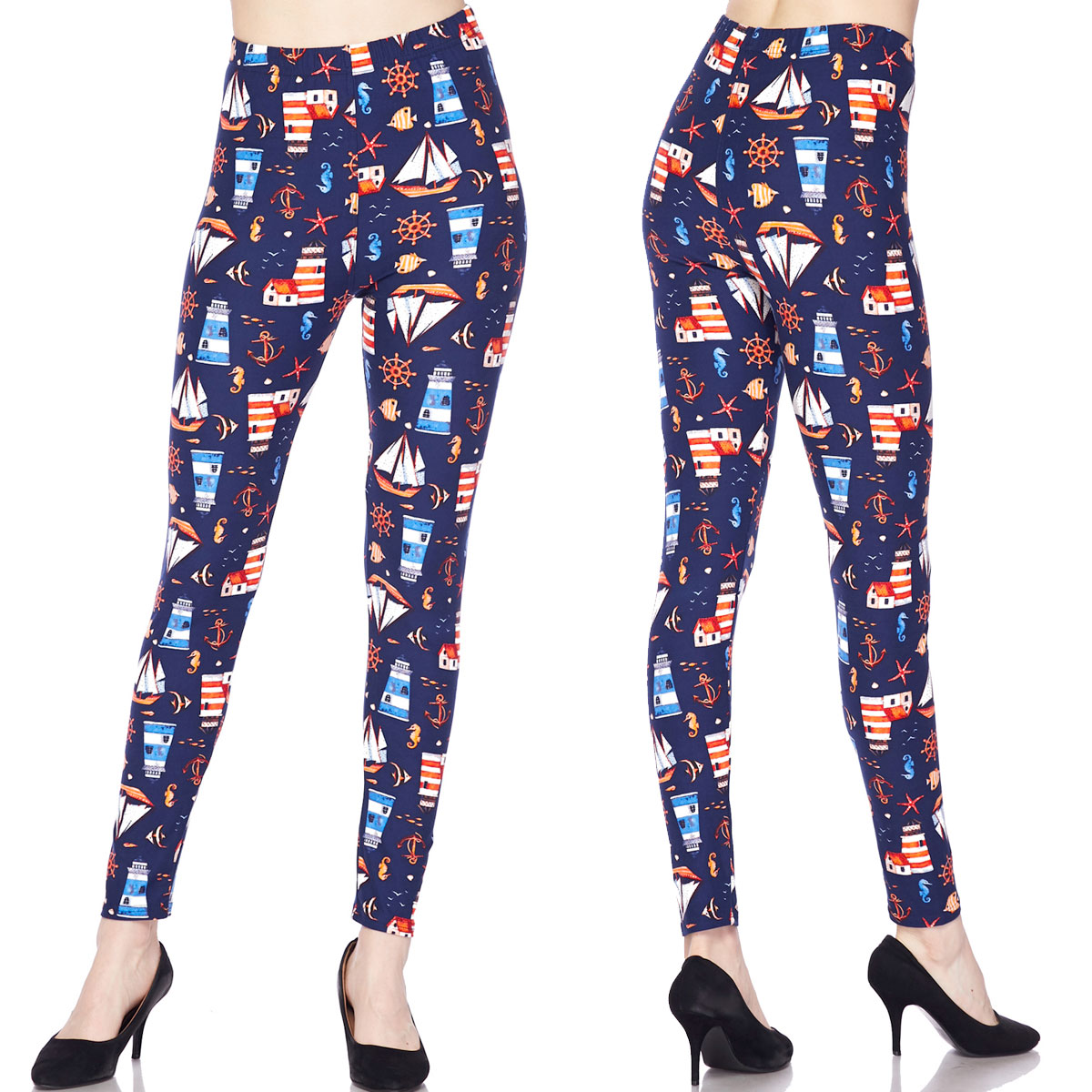 L006P Lighthouse and Anchors Brushed Fiber Leggings - Ankle Length Print 