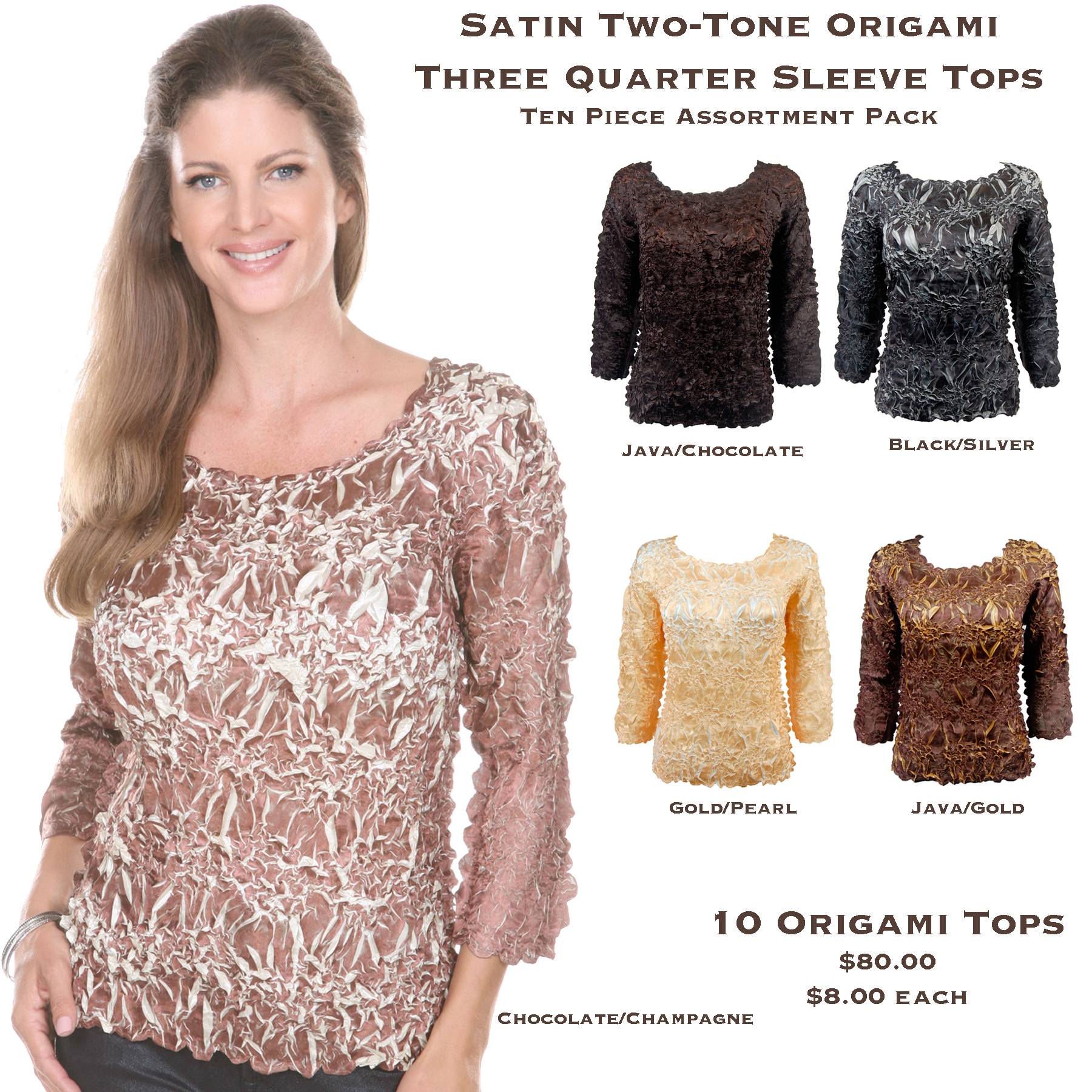 1329 - Satin Origami Three Quarter Sleeve Tops