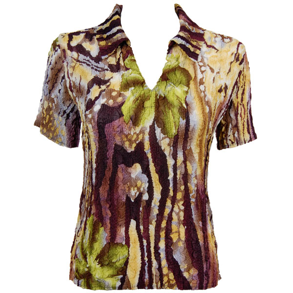 Magic Crush Georgette Short Sleeve with Collar - Abstract Floral Eggplant-Gold