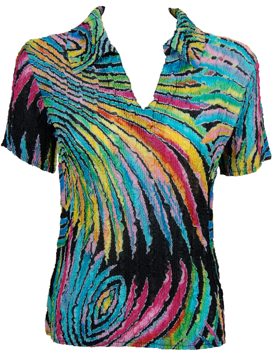 Magic Crush Georgette - Short Sleeve with Collar Rainbow Swirl on Black