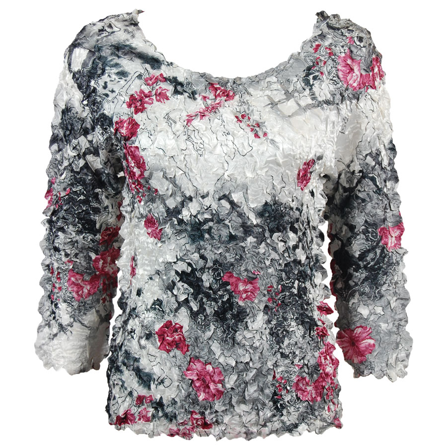 White-Black-Pink Floral Satin Petal Shirt - Three Quarter Sleeve