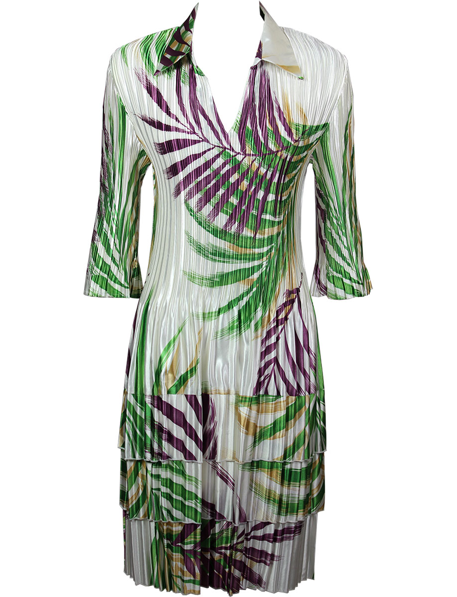 Palm Leaf Green-Purple Satin Mini Pleat - Three Quarter w/ Collar Dress