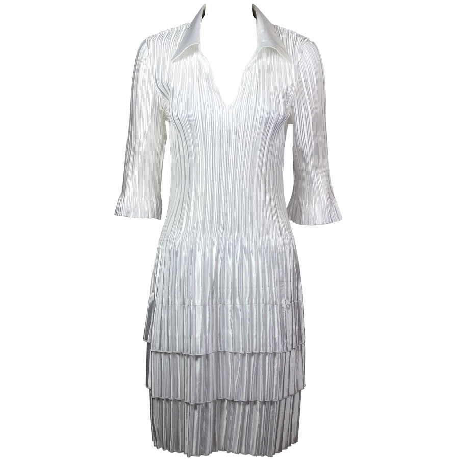 Solid White Satin Mini Pleat - Three Quarter w/ Collar Dress