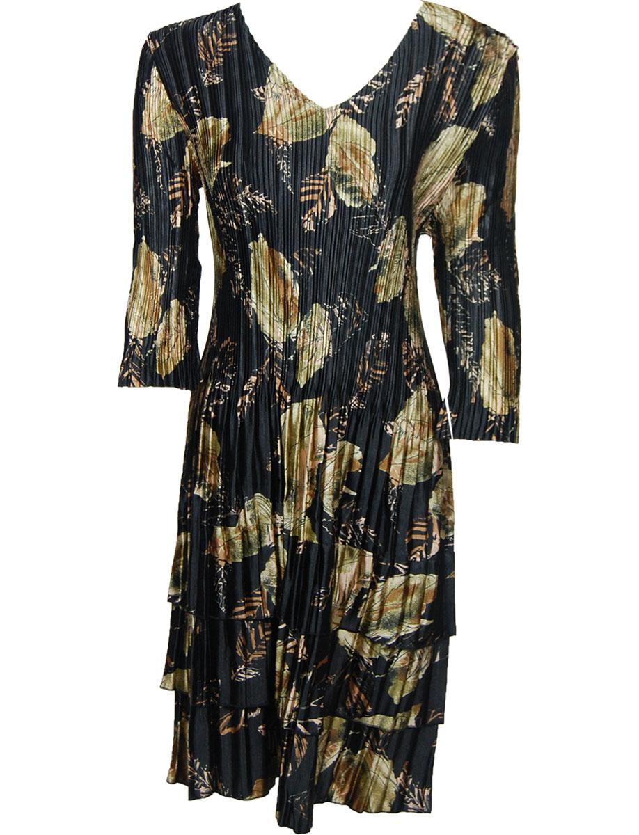 Black with Gold Leaves Satin Mini Pleats - Three Quarter Sleeve Dress