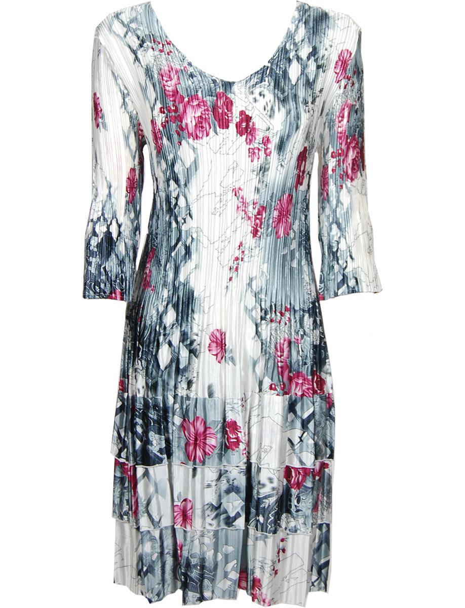 White-Black-Pink Floral Satin Mini Pleats - Three Quarter Sleeve Dress