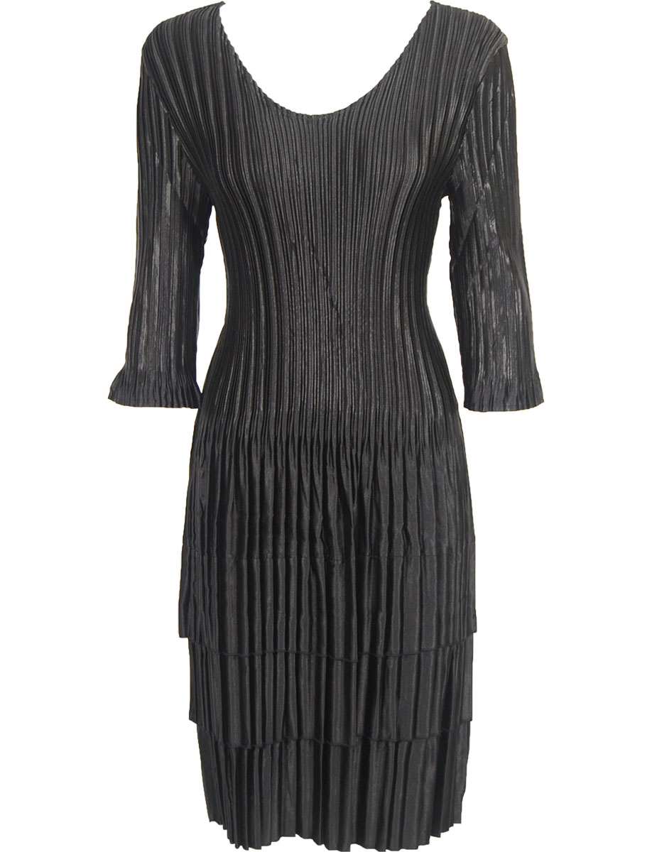 Solid Black Satin Mini Pleats - Three Quarter Sleeve Dress