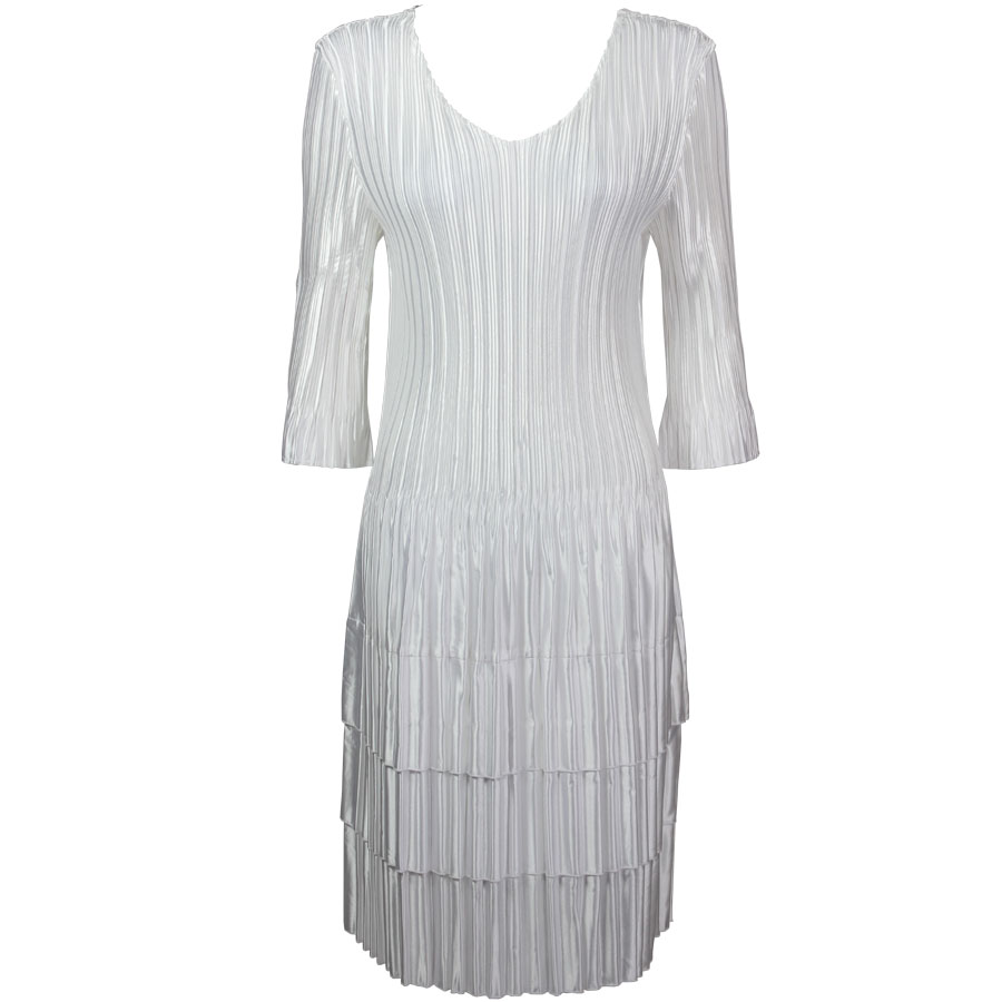 Solid White Satin Mini Pleats - Three Quarter Sleeve Dress
