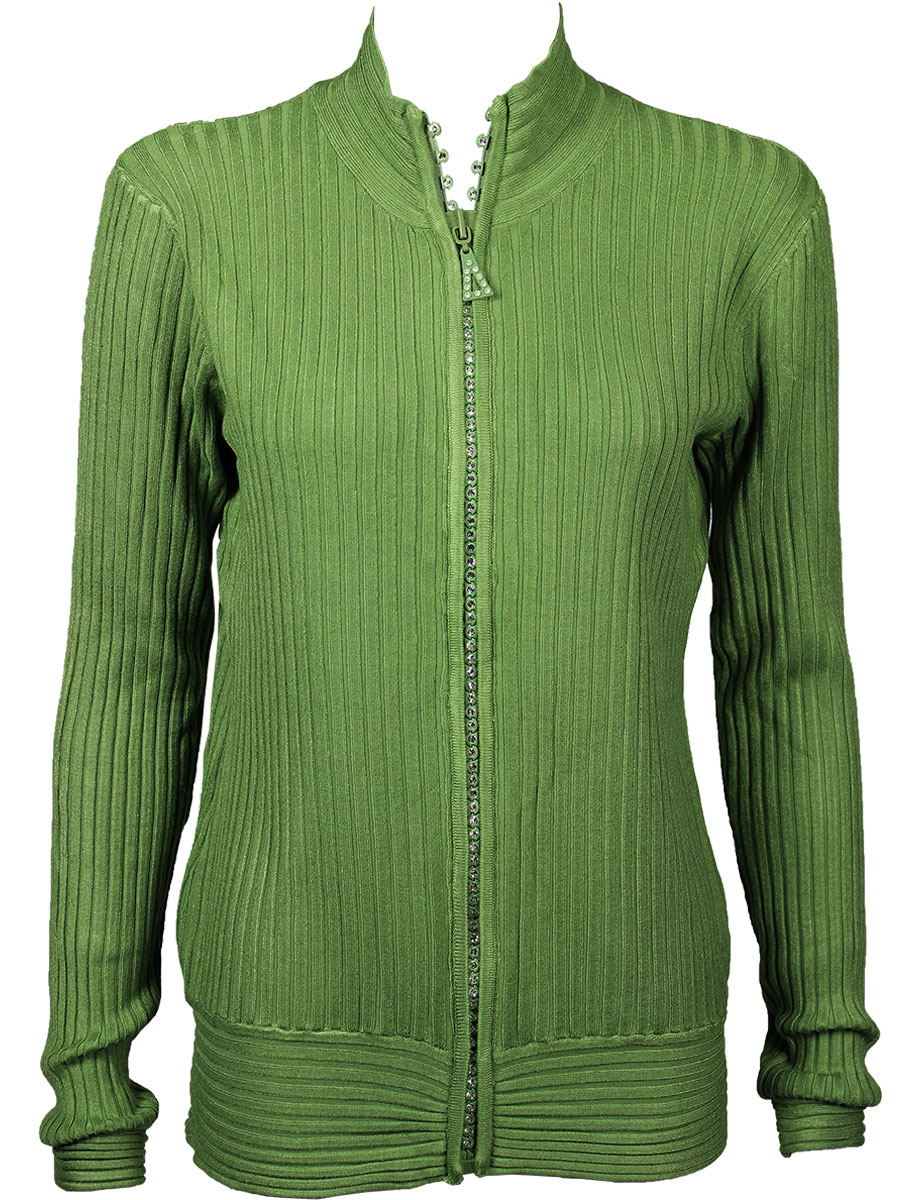 1594 - Olive<br> Crystal Zipper Sweater