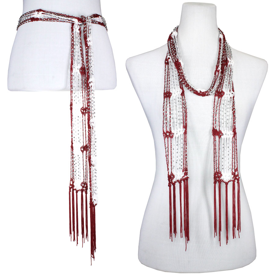 Crimson-White w/ Silver Beads Shanghai Beaded Scarf/Sash