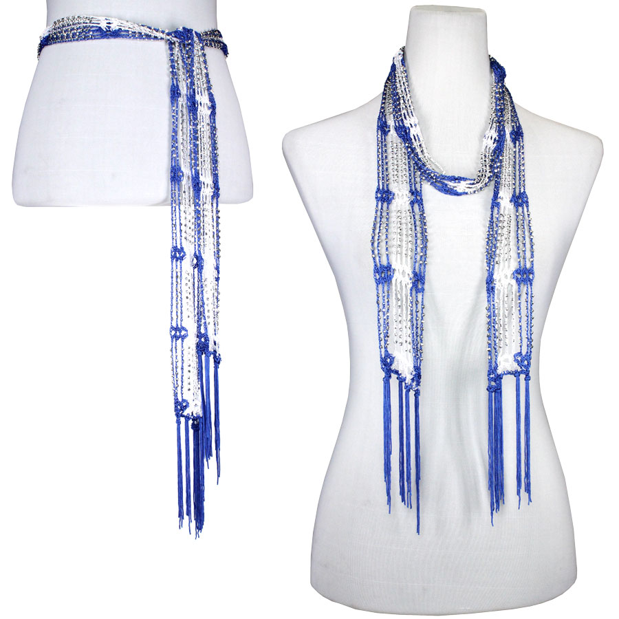 Blue-White w/ Silver Beads Shanghai Beaded Scarf/Sash