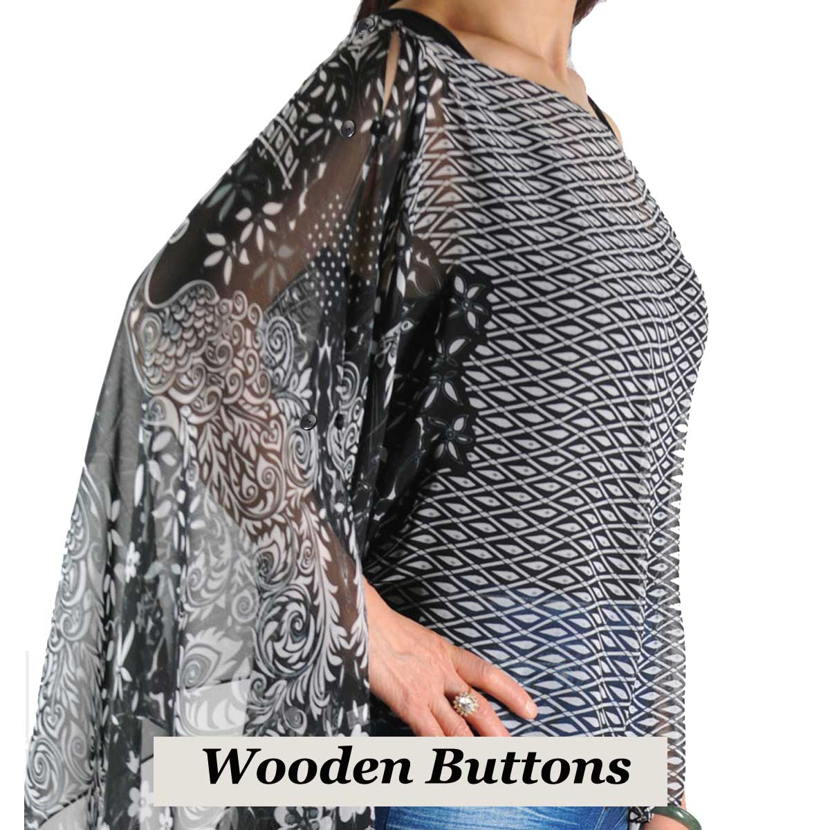 506BW Wooden Buttons<br>Black-White Peacock Abstract MB***