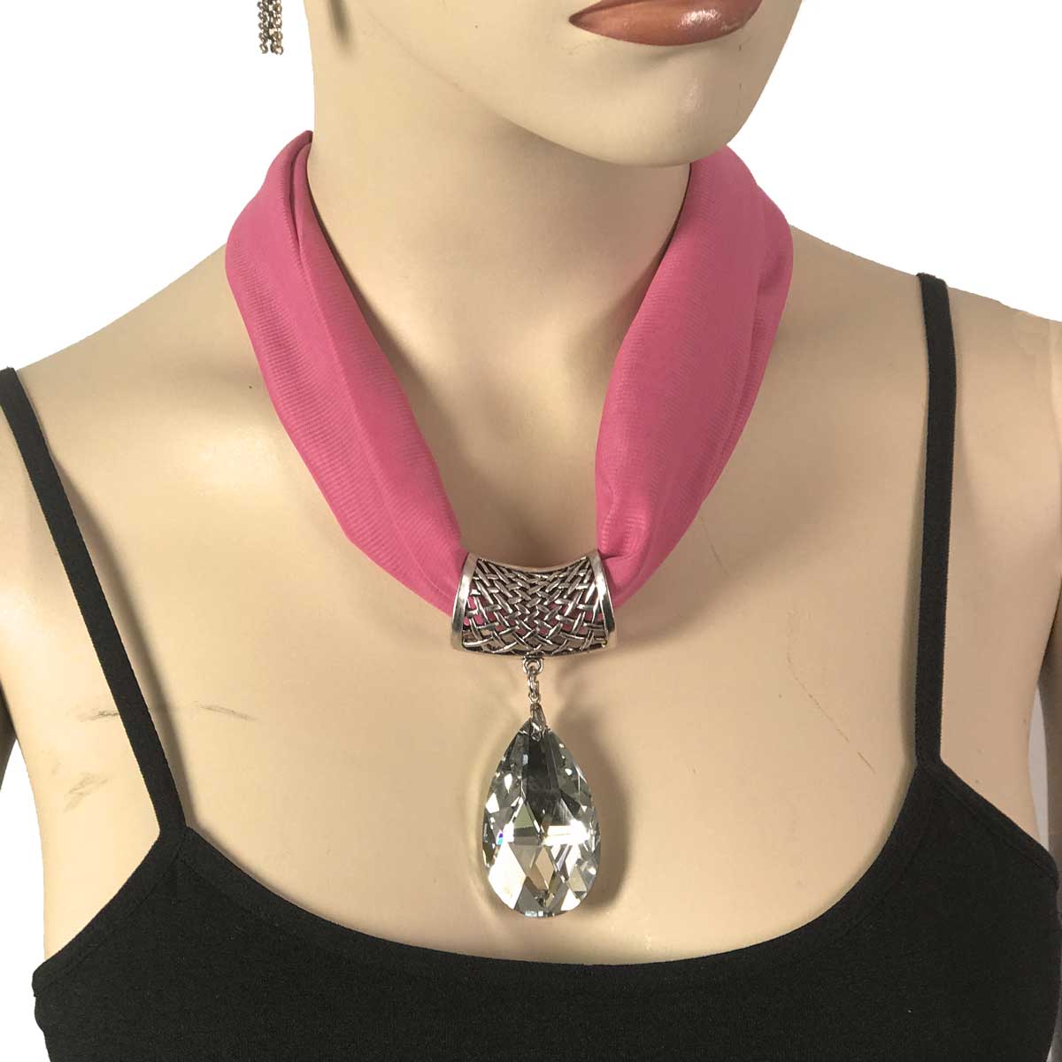 #009 Cerise Pink Chiffon Magnet Necklace (Silver Magnet) w/ Pendant #075
