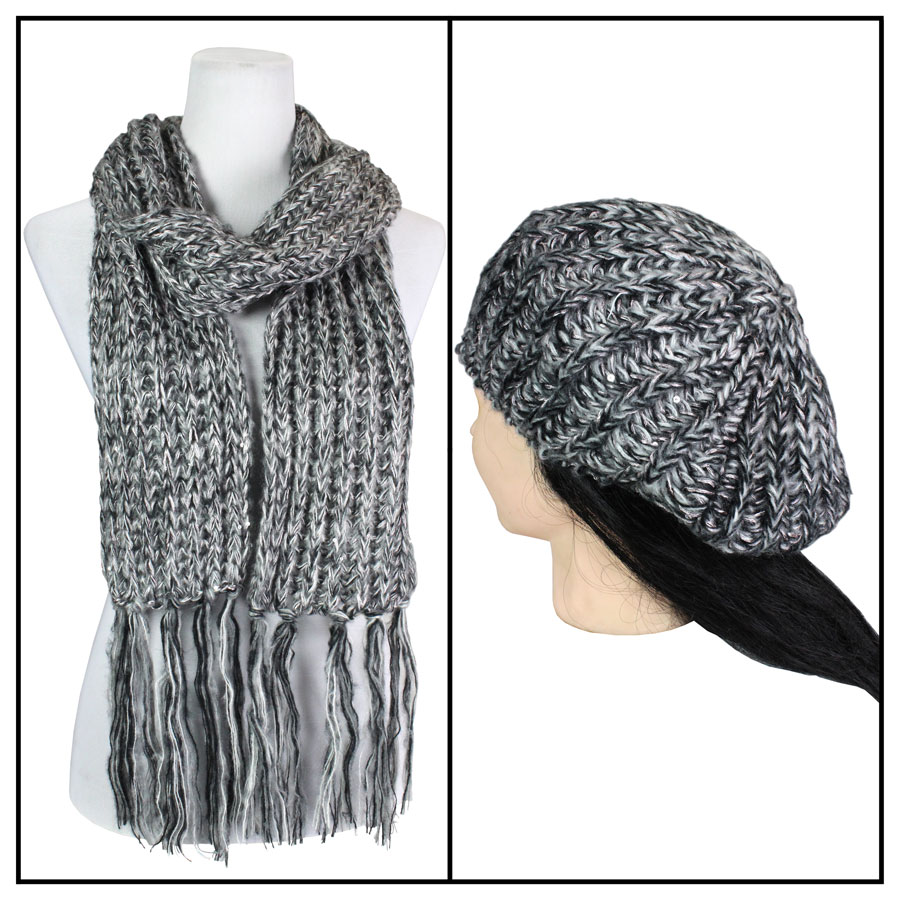5007H-Black<br> Sequined Scarf and Hat Set
