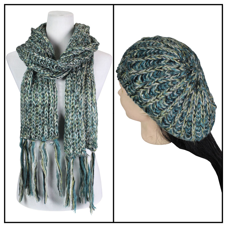 5007H-Green<br> Sequined Scarf and Hat Set