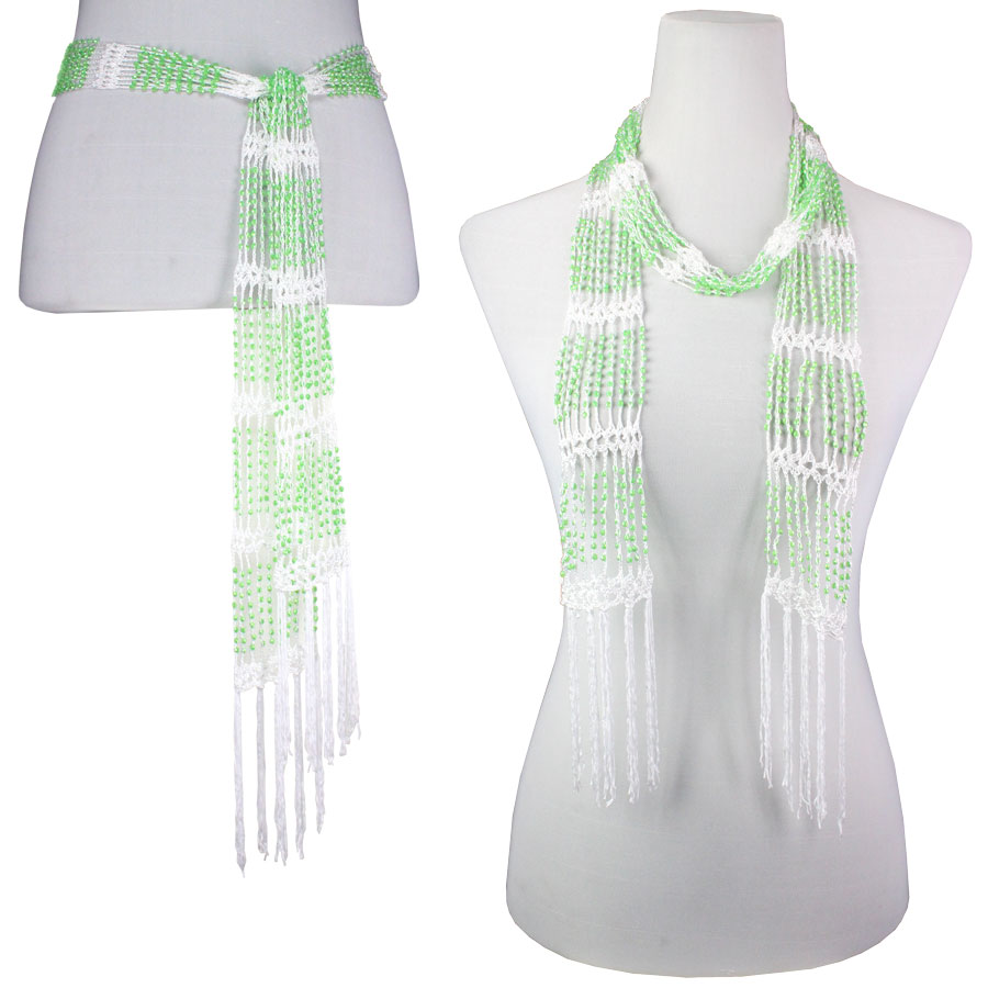 Scarves/Sash - Shanghai Beaded - White w/ Green Beads