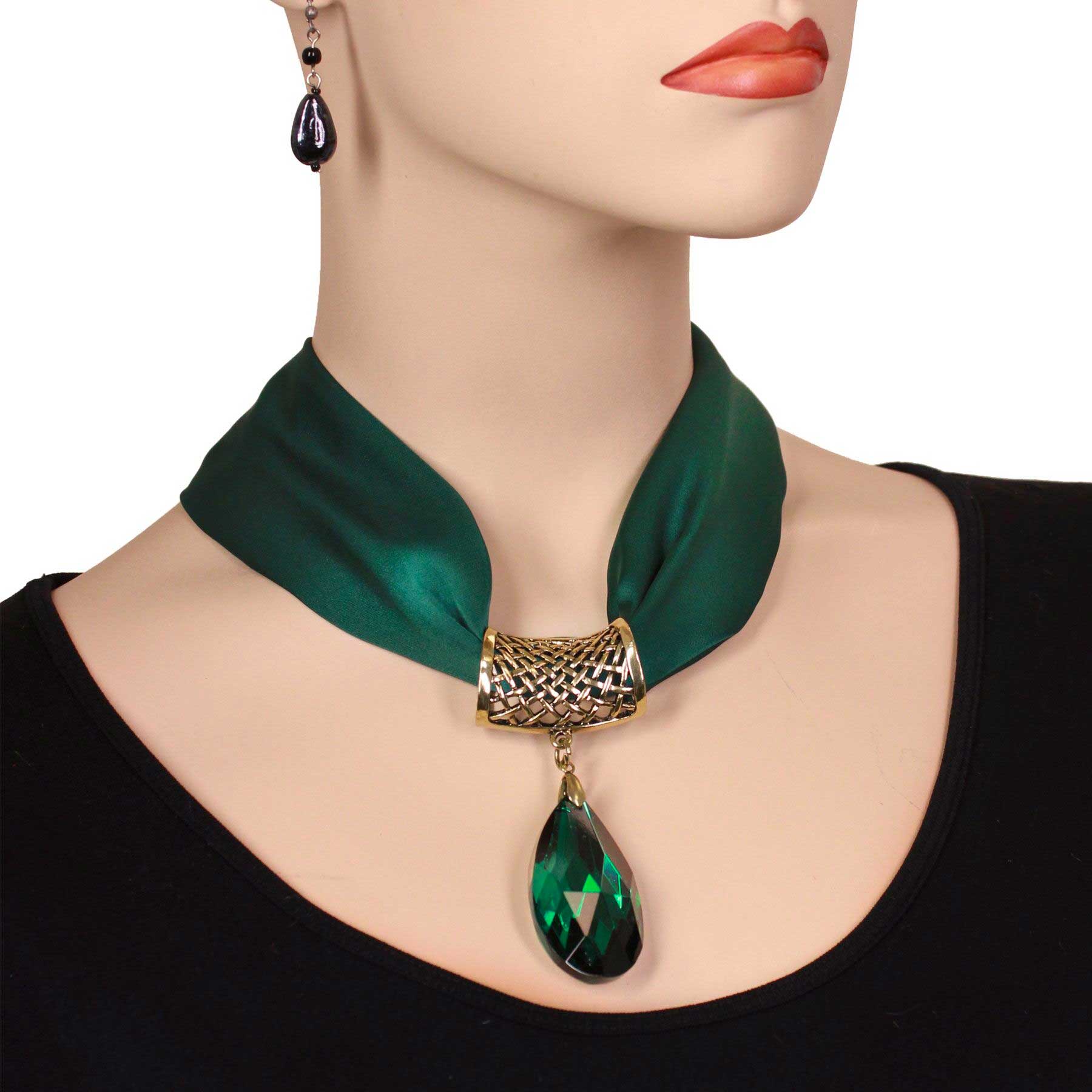 Satin Fabric Necklace 1818<br>#006 Dark Green (Bronze Magnet) w/ Pendant #567