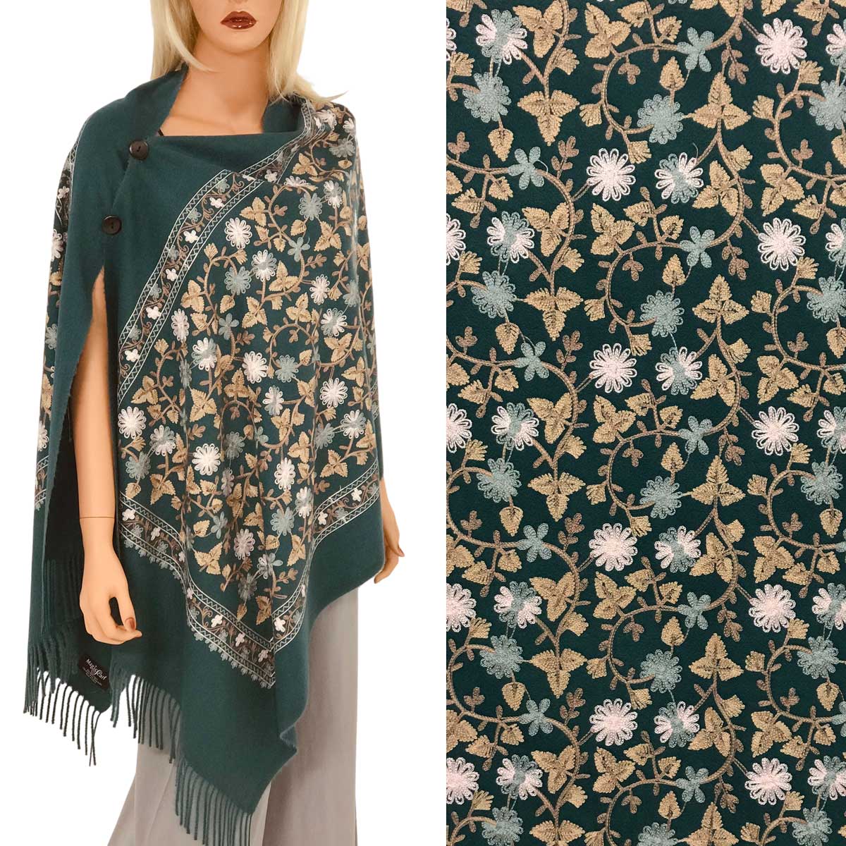 3218 - Embroidered Cashmere Feel Button Shawls<br>Dark Green Floral