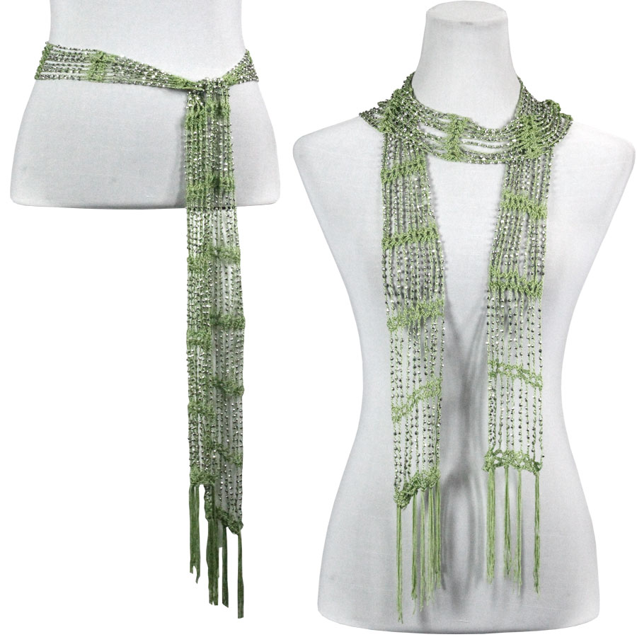 1755 - Leaf Green w/ Silver Beads - Shanghai Beaded Scarf/Sash