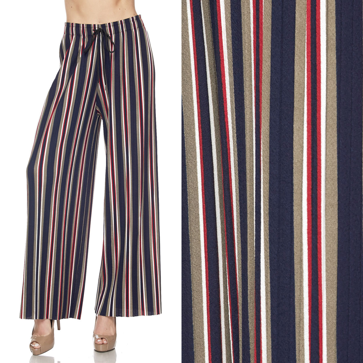 902ANP - Pleated Wide Leg Twill Pants #05 Striped Navy-Taupe-Red (S-L)