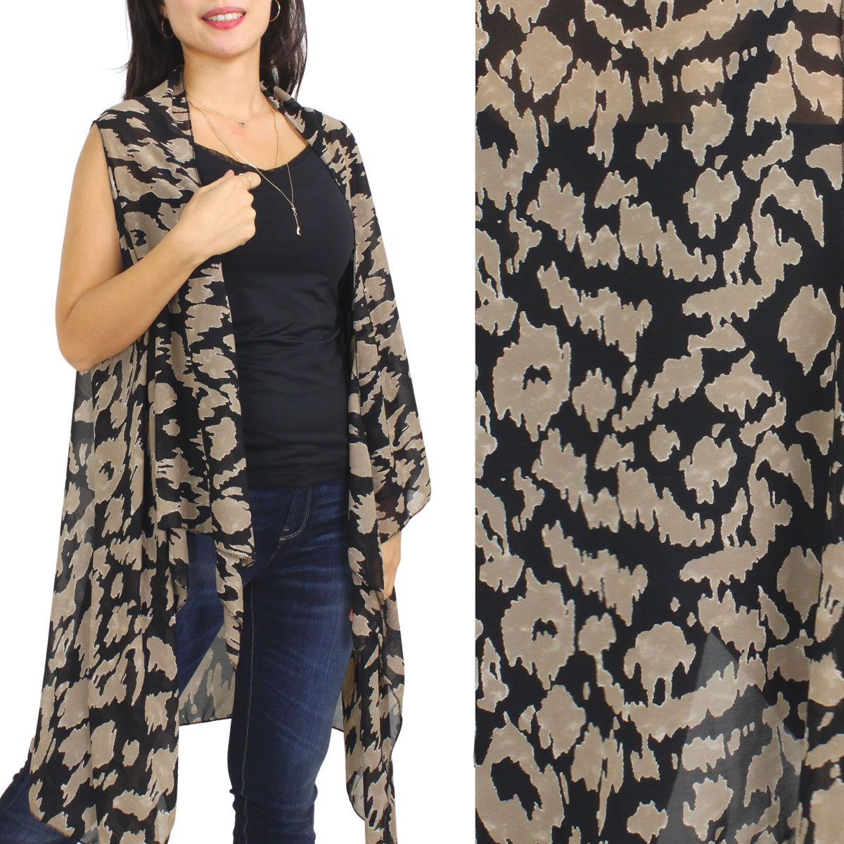 #9938 ABSTRACT BLACK AND TAN Chiffon Scarf Vests (Style 2)