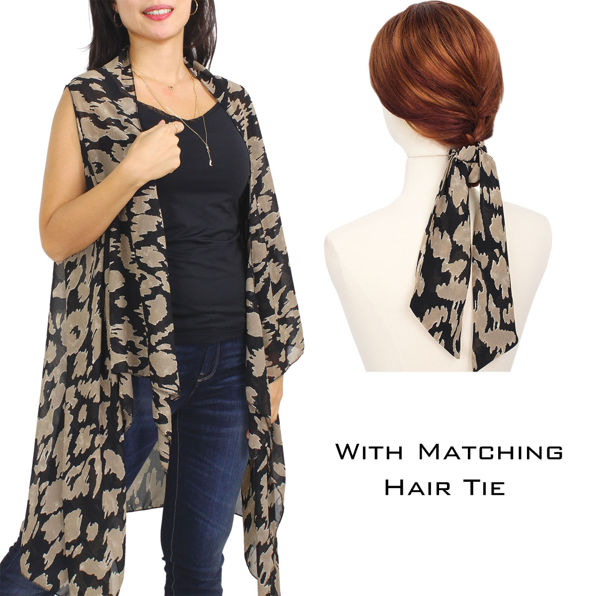  SET #9938 ABSTRACT BLACK AND TAN Chiffon Scarf Vests with Matching Hair Tie