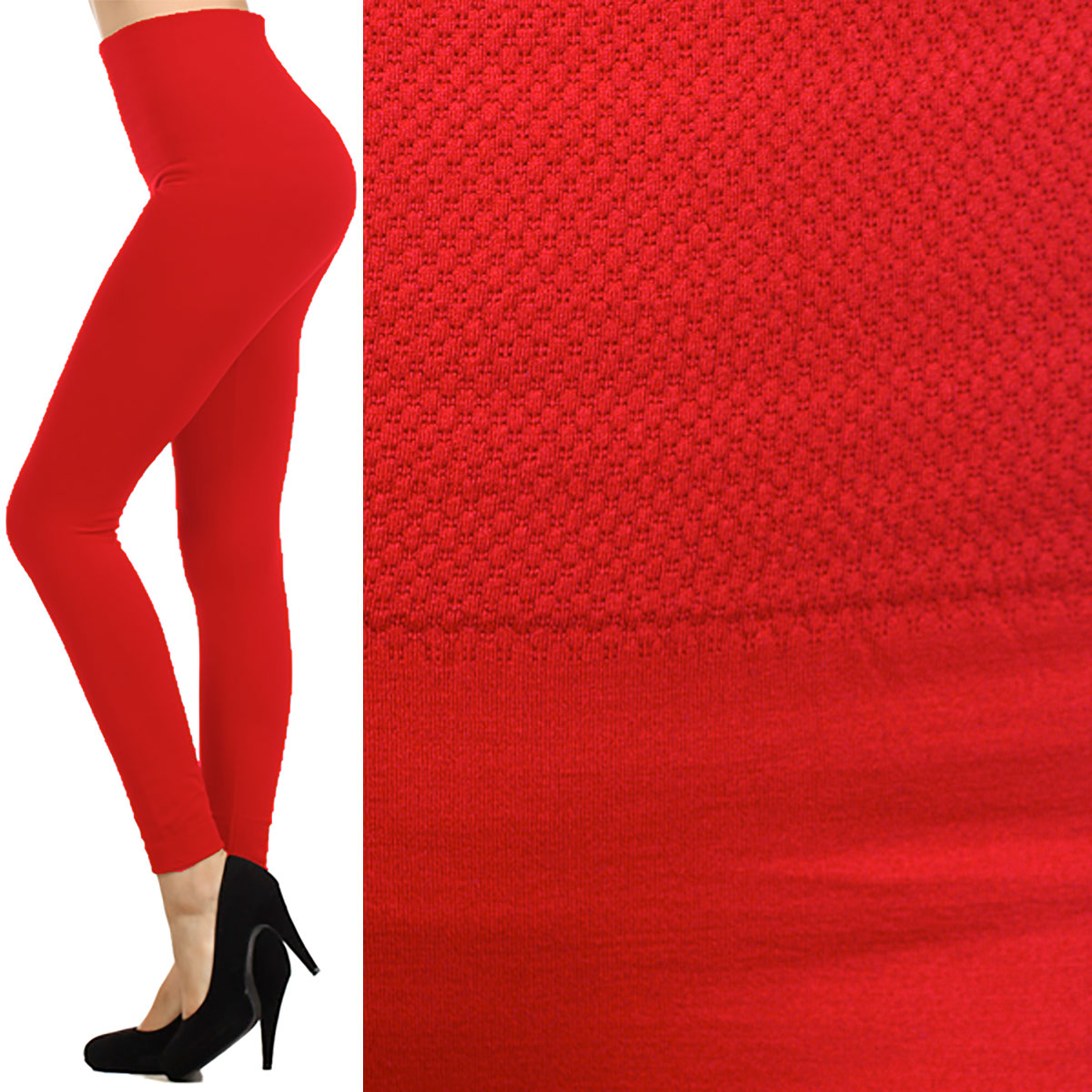 High Waisted Textured - Solid Red - Fleece Lined Leggings