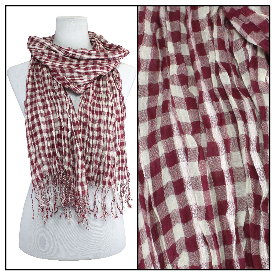 Crinkle Plaid 1021 - Red Cotton Feel Oblong Summer Scarf