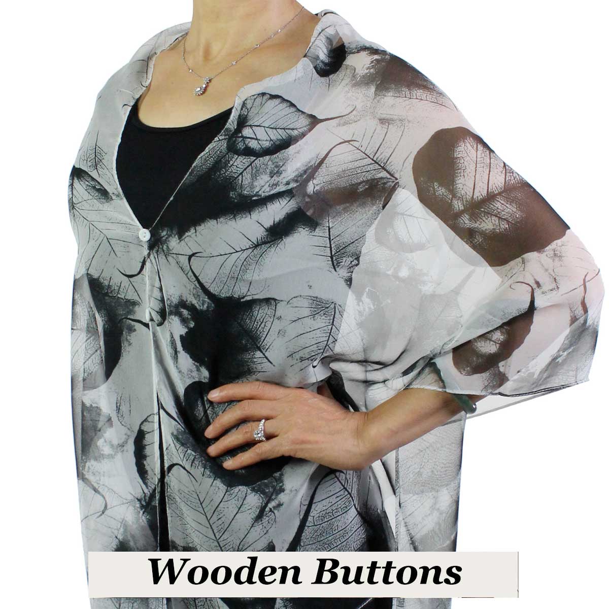 129BK Wooden Buttons<br>White-Black Leaves MB