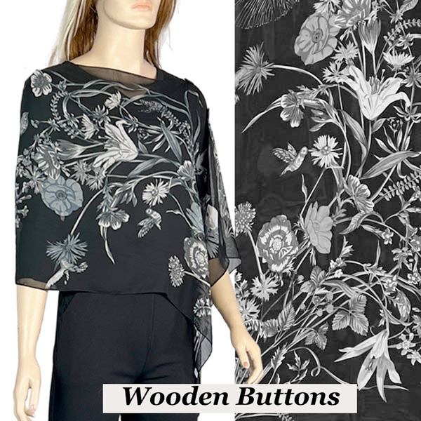 SBW-FLBK Black Wooden Buttons<br> Floral Grey on Black

