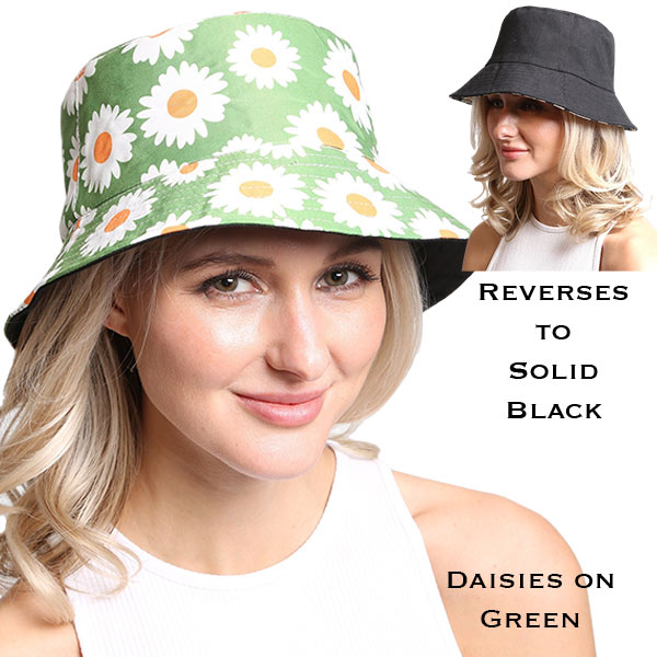 2489 - Summer HATs - 291 - Daisies Green - Reversible Bucket HAT