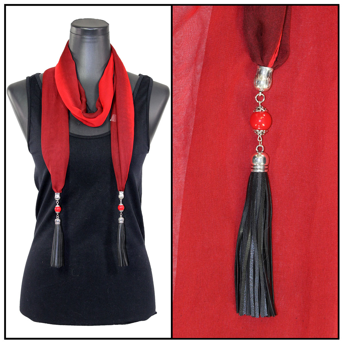 Tri-Color - Black-Maroon-Red<br>
Leather Tassels