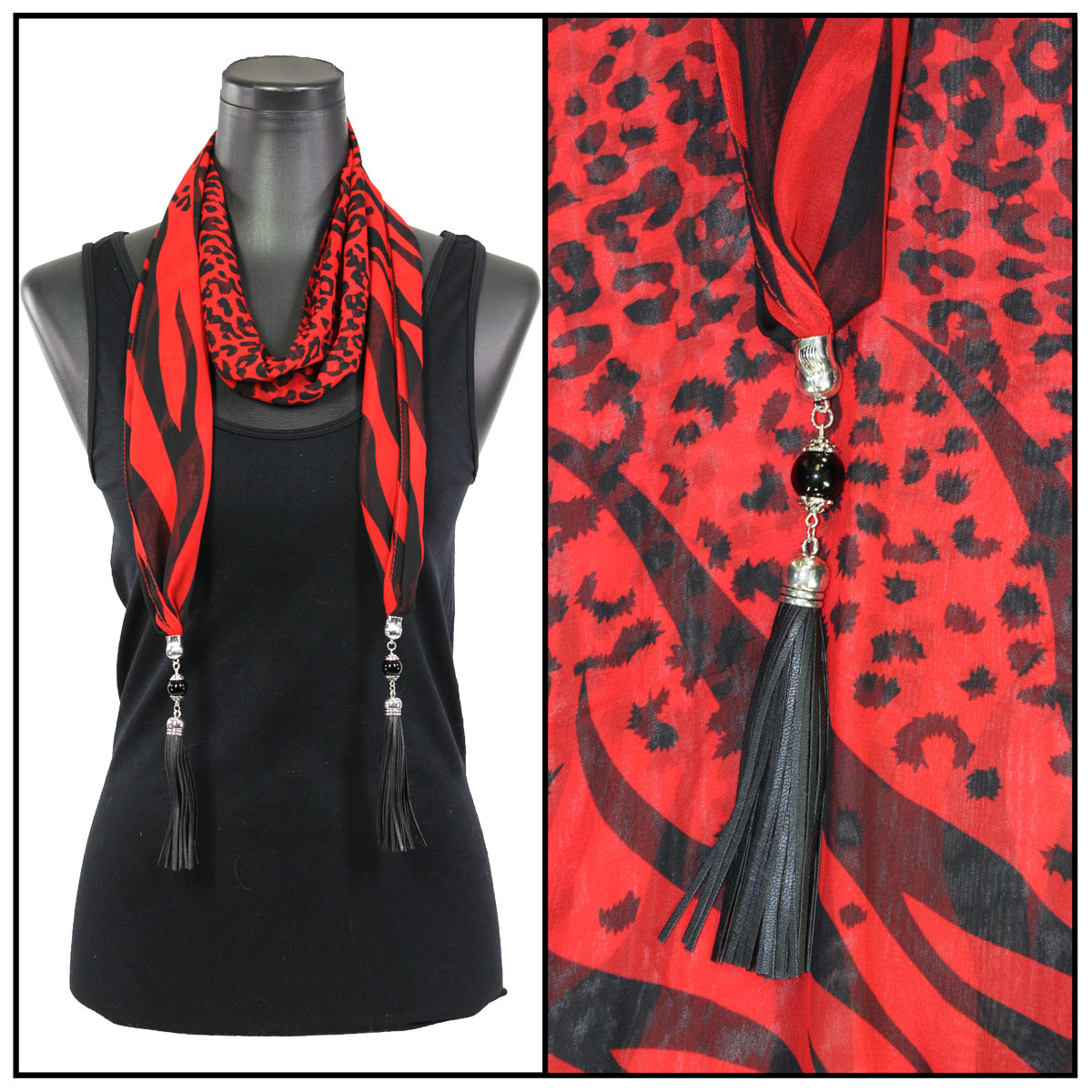 Zebra-Cheetah - Black-Red<br>
Leather Tassels