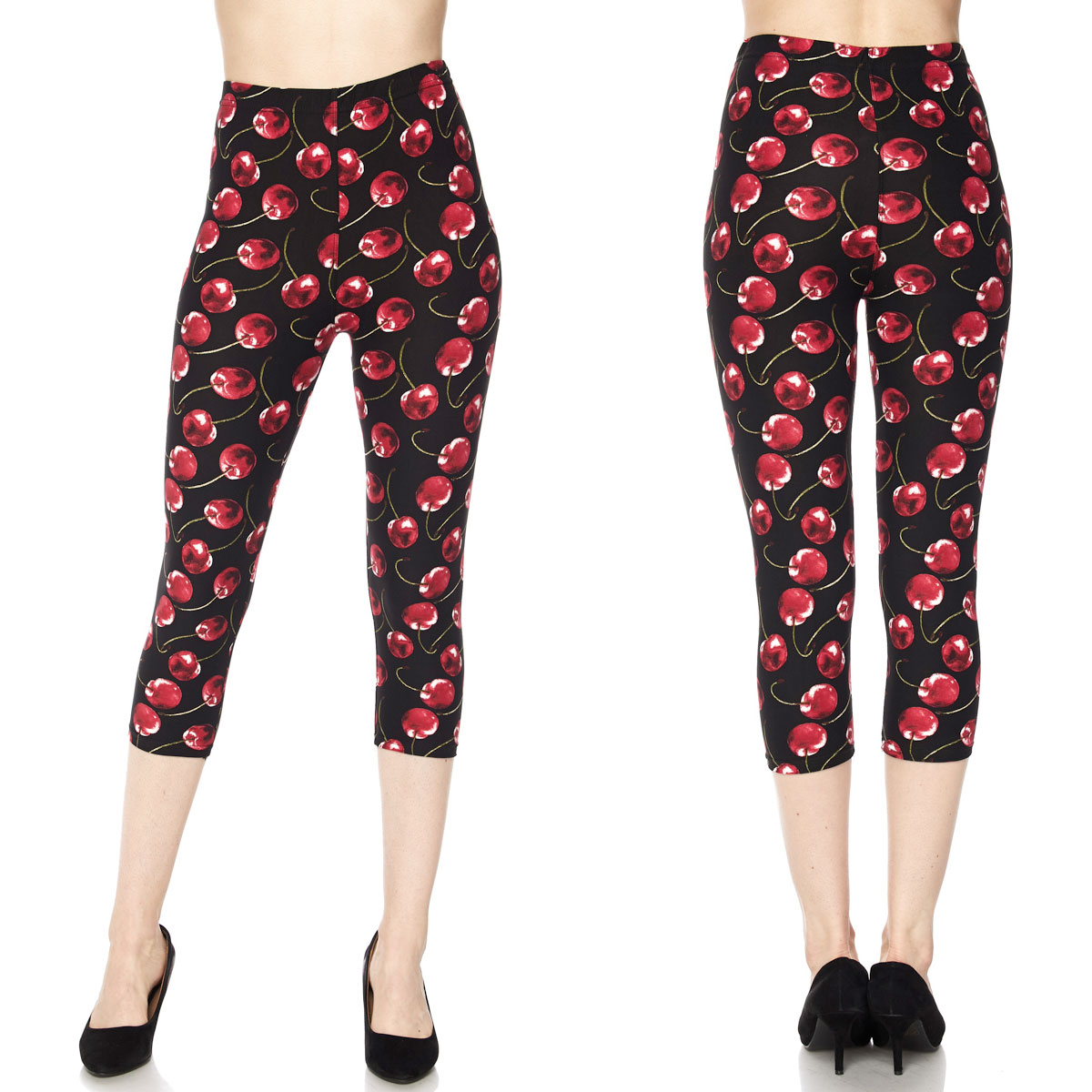 F630-1 Cherry Print Red Brushed Fiber Leggings - Capri Length Print