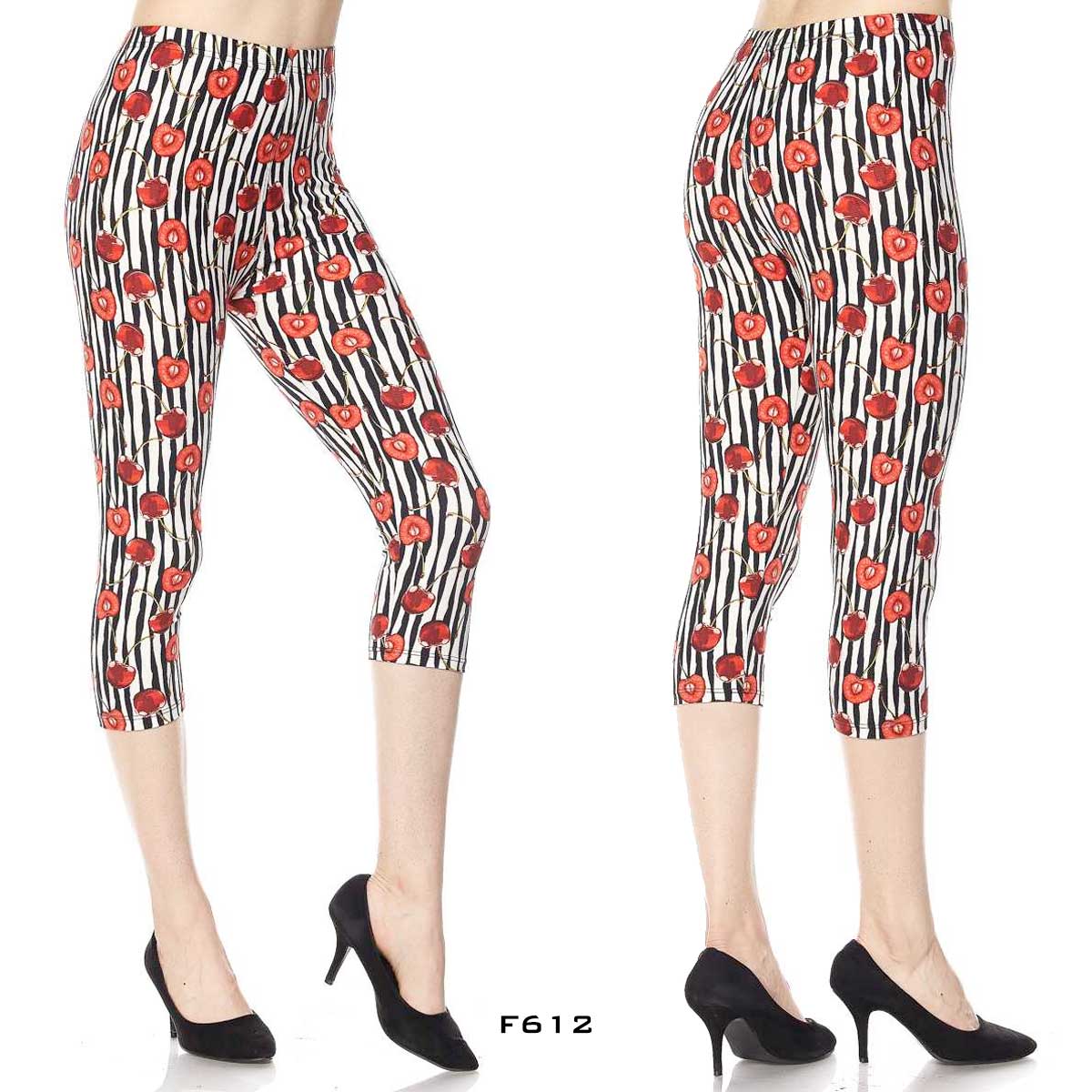 F612 CHERRIES STRIPED Brushed Fiber Leggings - Capri Length Print 